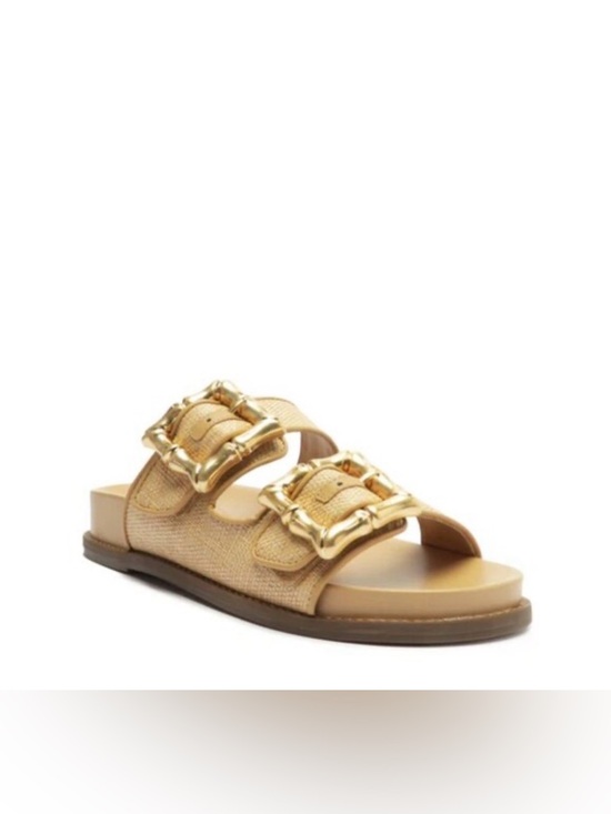 SCHUTZ Shoes - SCHUTZ Tan Slide Sandals with Gold Buckle Accents